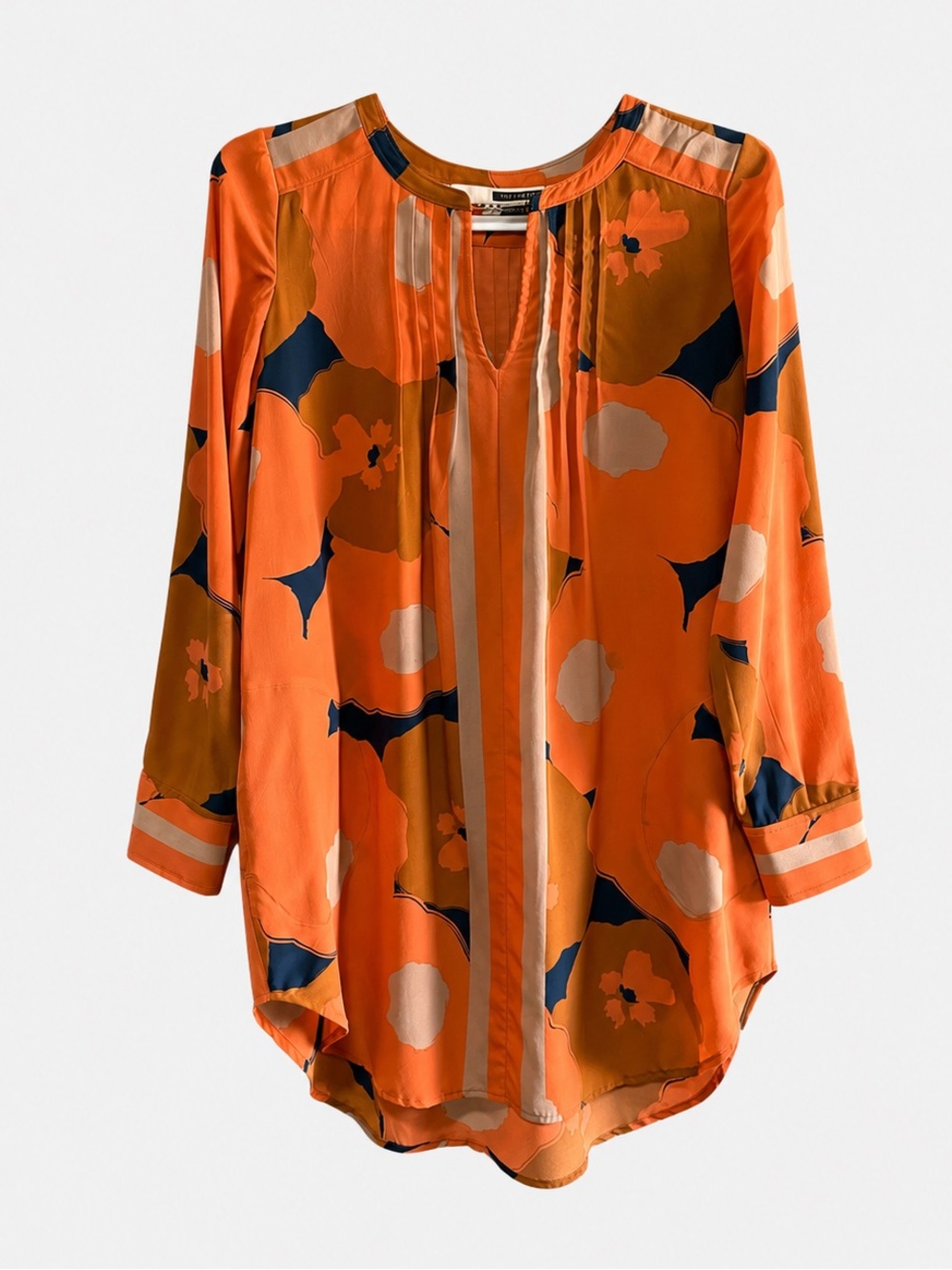 Tracy Reese 100% Silk Floral Tunic Blouse Orange Navy High Low S